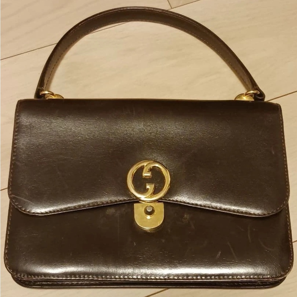 Gucci Dark Brown Leather Shoulder Bag with Gold Accents